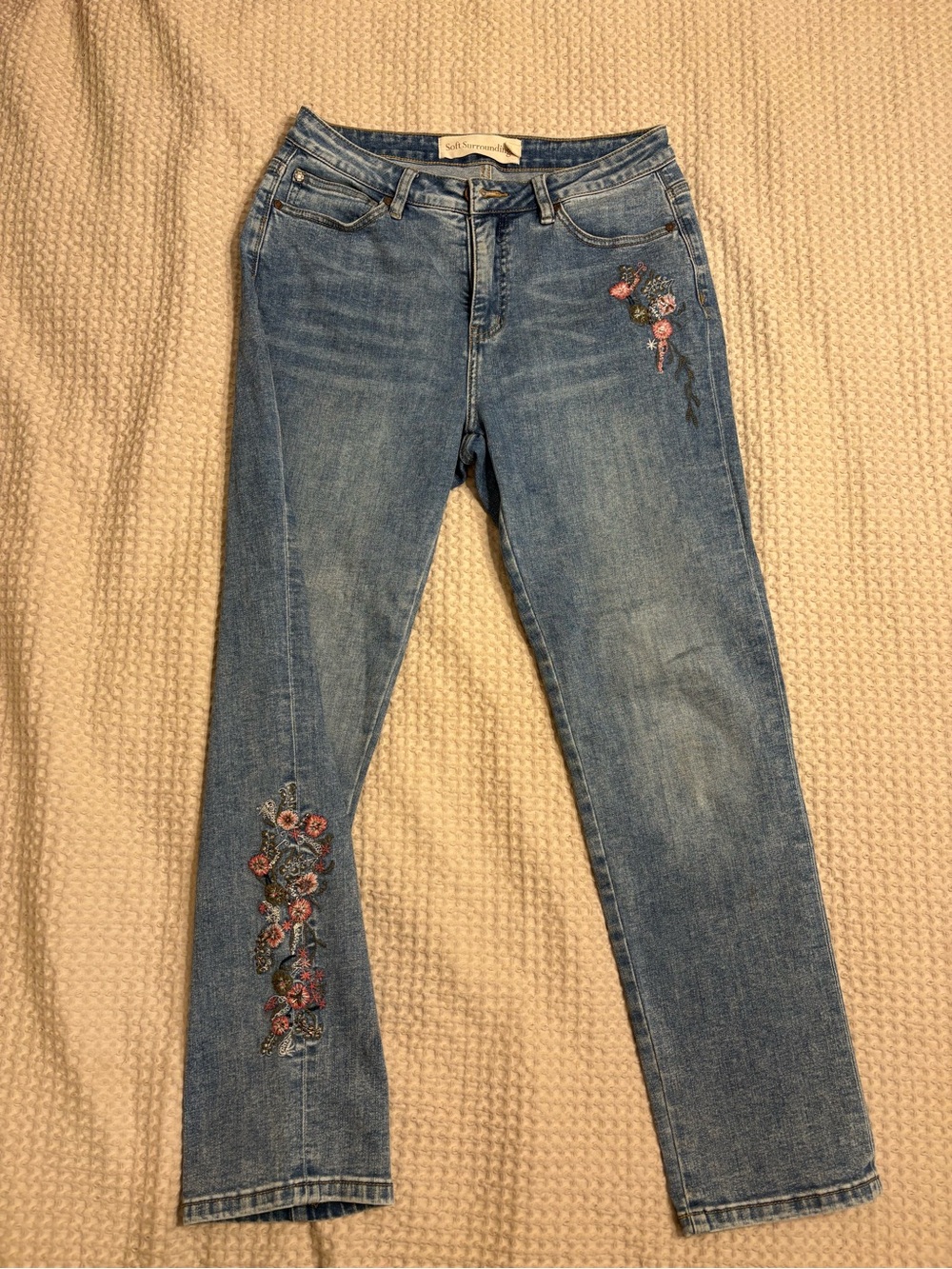 Soft Surroundings Medium Blue Straight Leg Jeans with Floral Embroidery